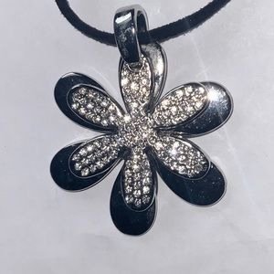 Lia Sophia Friends Flower Clear Rhinestone Silver Black Necklace 16”-19” w/ Box